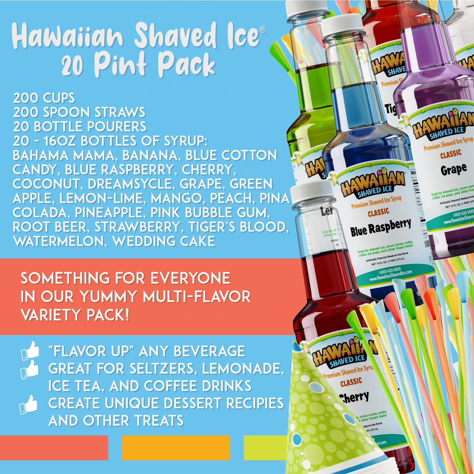 Hawaiian Shaved Ice Party Kit with 20 Syrup Flavors in 16oz. Bottles, 200 Snow Cone Cups, 200 Spoon Straws, and 20 Pouring Spouts. Great for Birthday Parties. Allergy-friendly - Image 9