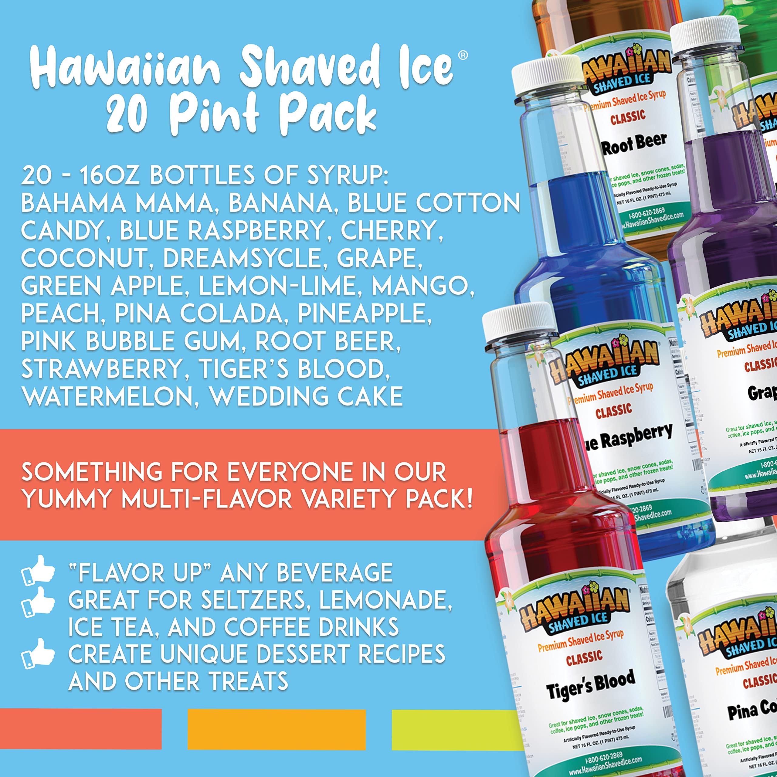 Hawaiian Shaved Ice Syrup Assortment, 20 - 16-ounce Bottles of the Most Popular Flavors Including Cherry, Grape, Blue Raspberry, Lemon-Lime, and Tiger’s Blood. For Snow Cones, Coffee, Cocktails, and More - Image 9