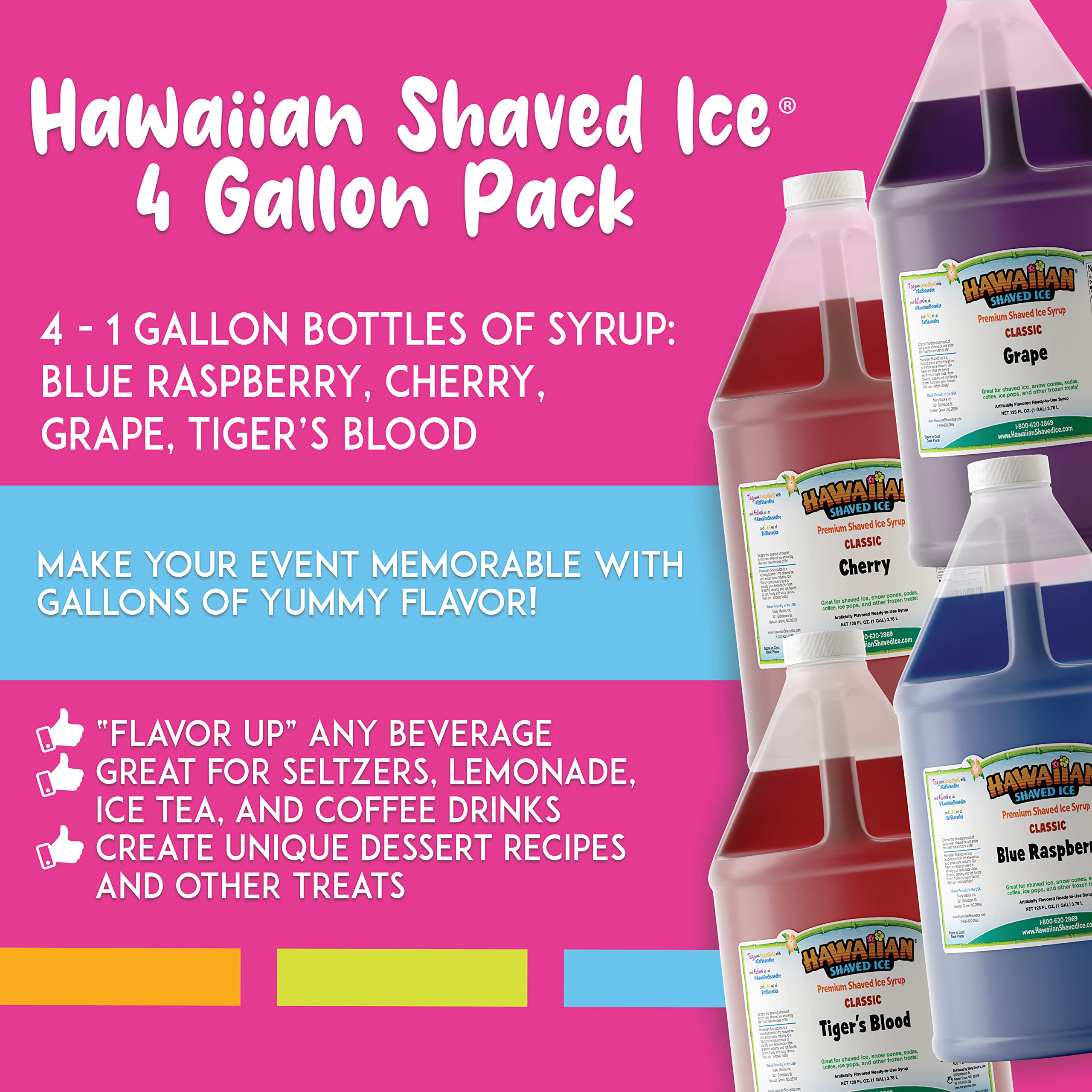 Hawaiian Shaved Ice Syrup Gallon 4-pack, Cherry, Grape, Blue Raspberry & Tiger’s Blood, for Slushies, Italian Soda, Seltzers, Popsicles, & More, No Refrigeration Needed, Allergy-friendly - Image 3