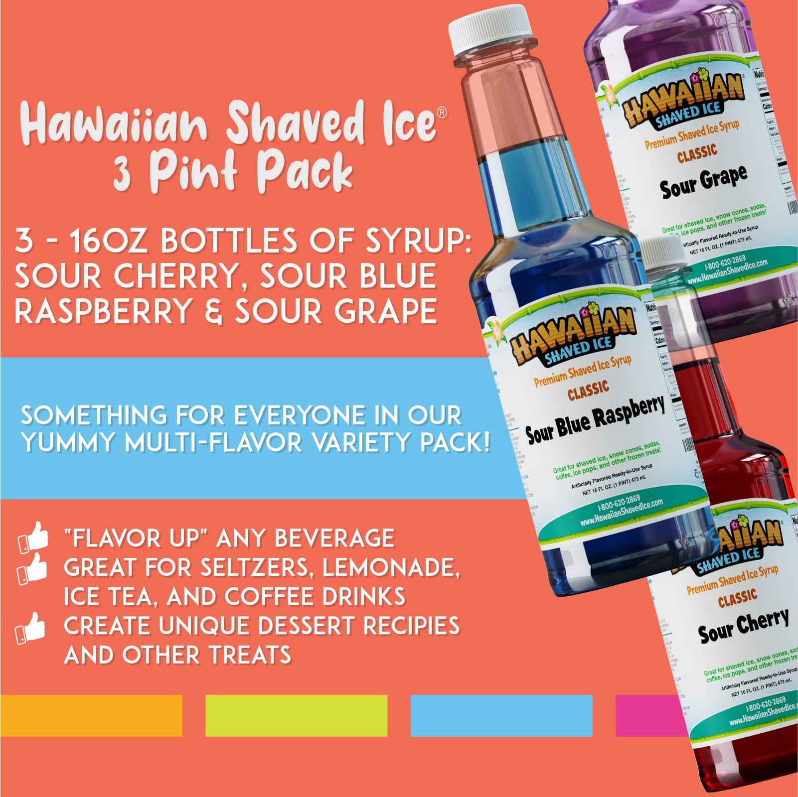 Hawaiian Shaved Ice Syrup Pint 3-pack, Sour Cherry, Sour Grape, & Sour Blue Raspberry, For Slushies, Italian Soda, Seltzers, Popsicles, No Refrigeration Needed, Allergy-friendly - Image 3